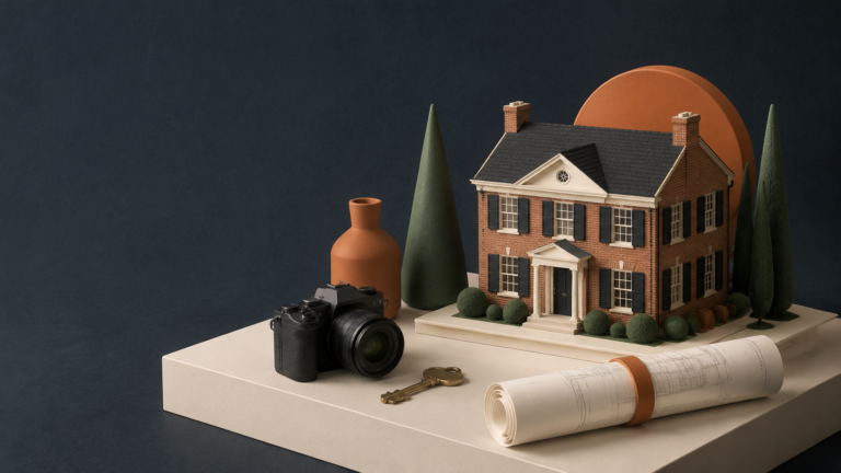 Architectural home model with real estate photography equipment and floor plan