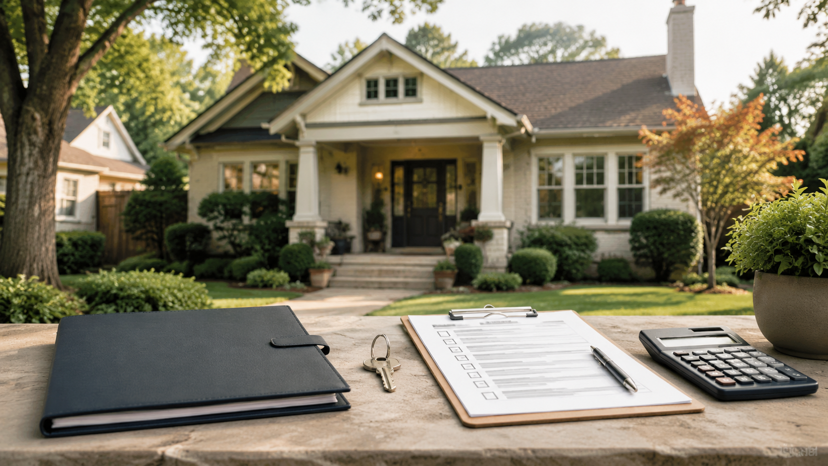 Estate binder, house key and calculator in front of an inherited Metro Atlanta home