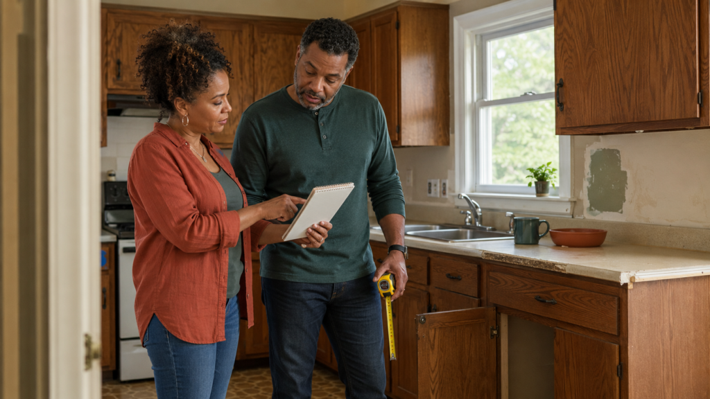 Brother and sister reviewing repairs inside an inherited Georgia home