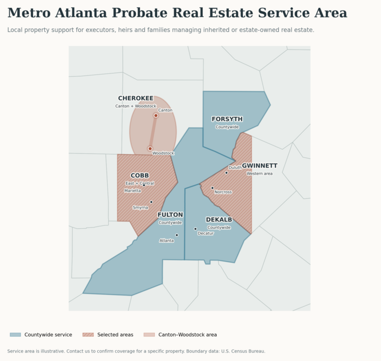 Metro Atlanta probate real estate service area covering Fulton, DeKalb, Forsyth, western Gwinnett, east and central Cobb, Canton and Woodstock.
