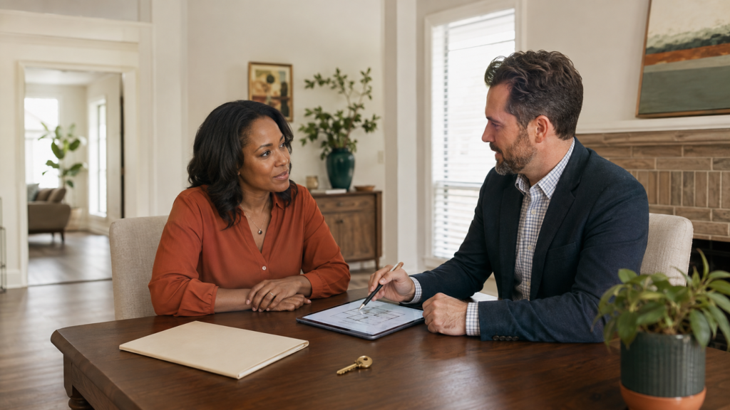 Estate representative discussing an inherited home with a Georgia probate real estate agent
